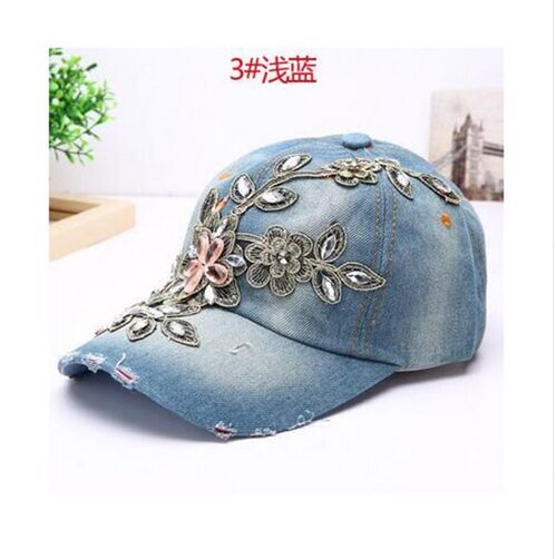 Delikate kvinder diamant blomst baseball cap sommer stil dame jeans hatte: 3