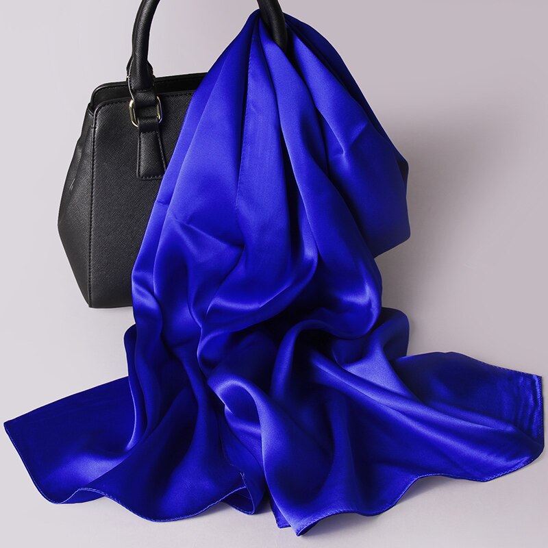 Natuurlijke Echte 100% Zijden Sjaal Vrouwen Luxe Zijde Sjaals Wraps Solid Pure Zijde Satijn Lange Sjaals Hijaabs 175x55cm: Dark Blue