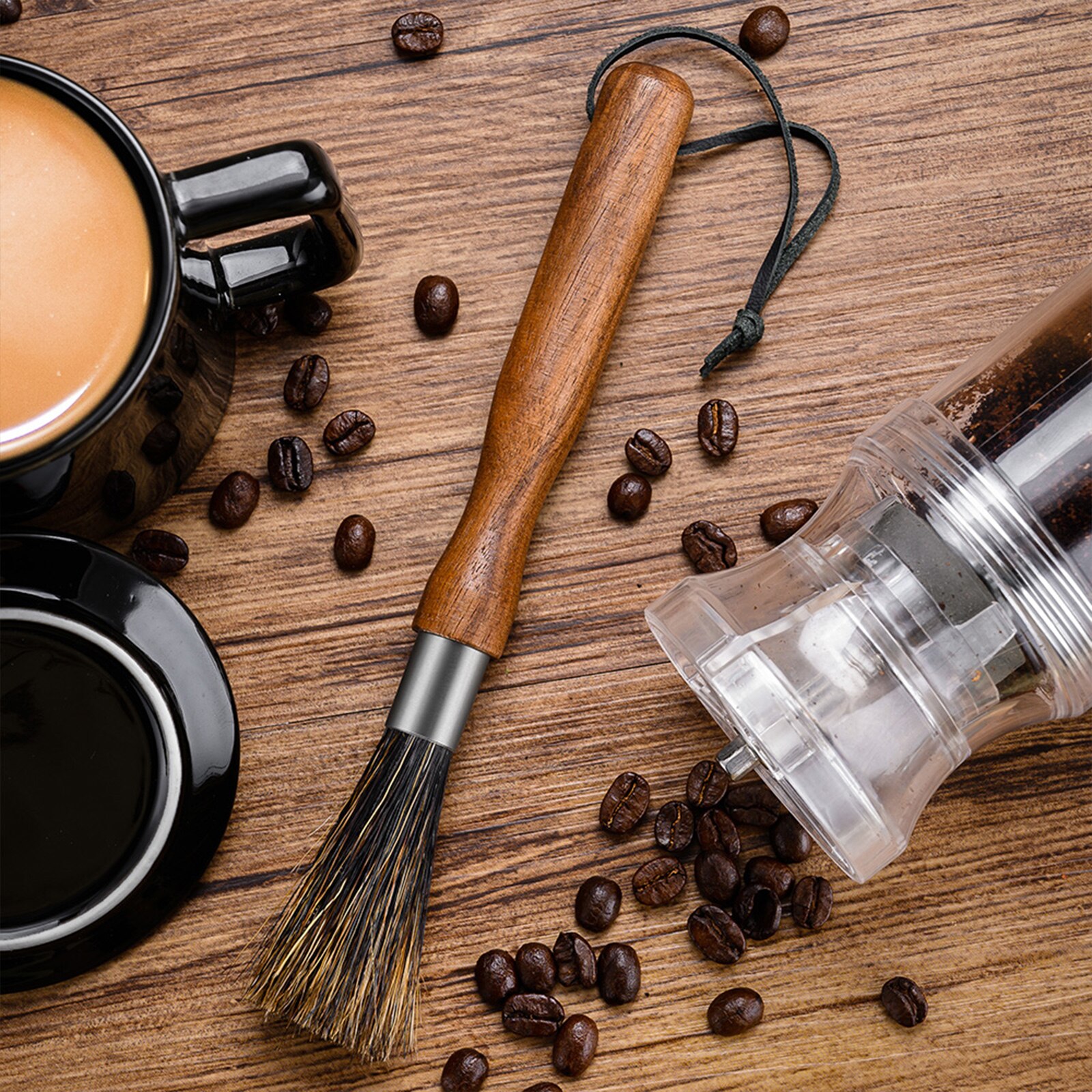 Reinigingsborstel Voor Koffiemolen Natuurlijke Haren Zwarte Walnoot Espresso Borstel Houten Handvat Lederen Opknoping Lus