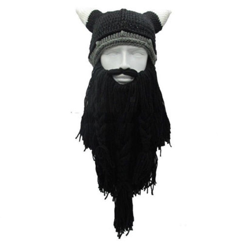 Newest Personality Crazy Winter Warm Cosplay Wig Ski Mask Caps Viking Beard Hat Barbarian Beanie Beard Hats: Black