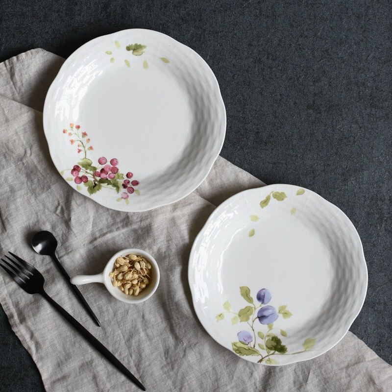 Bone China Plate Steak Plate Western Plate 8 Inch Japanese and Korean Style Orchard Relief Mat Pattern Rice Plate