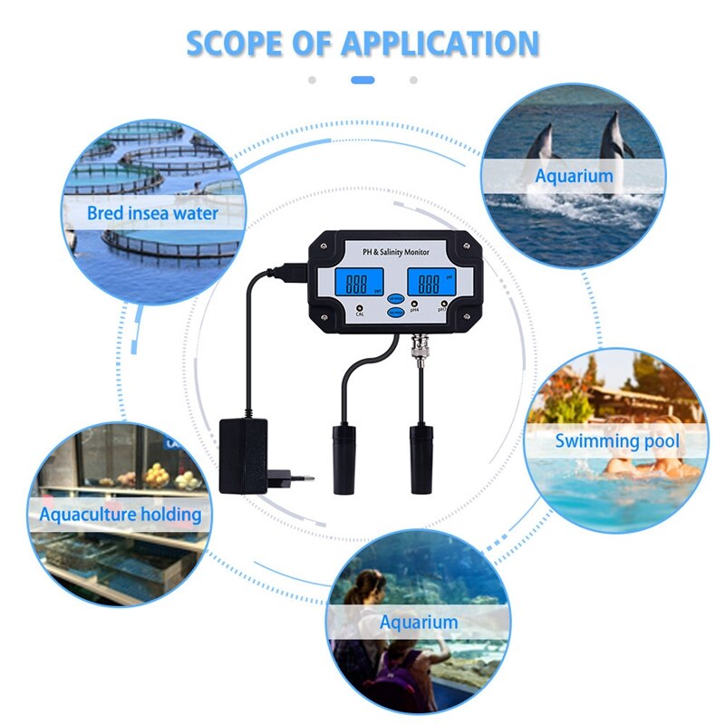 PH-2685 PH & Salinity Monitor 2 in 1 Ph Meter&Salinity Tester for Aquarium Pool Spa Seawater Horticultural EU Plug