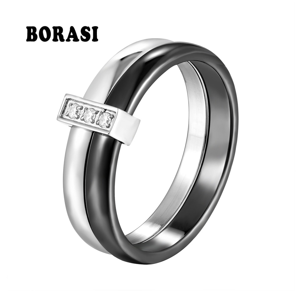Zwarte Keramische Ring Voor Vrouwen Twee Lagen Roestvrij Staal Ingelegd Zirkoon Dunne Ringen Unieke Bruiloft Engagement Ring