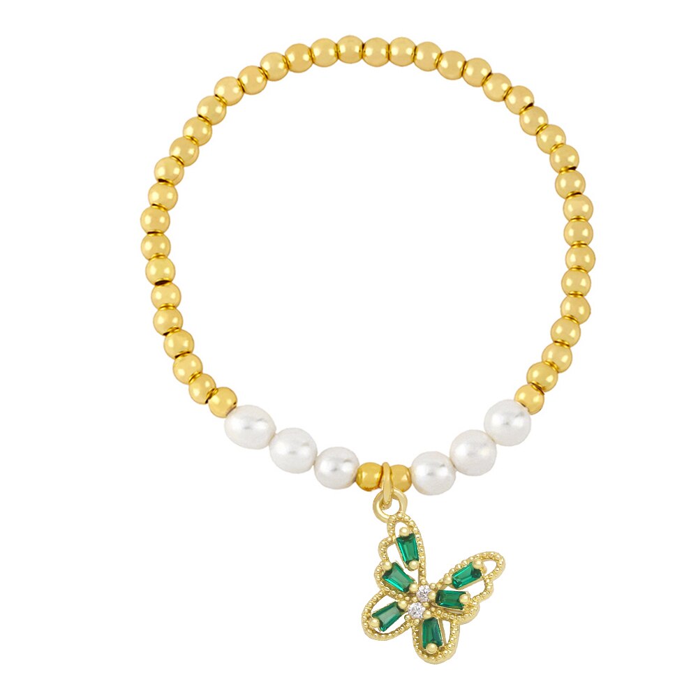 Flola Koper Zirkoon Vlinder Armbanden Voor Vrouwen Gouden Kralen Ketting Elastische Touw Parel Armband Crystal Sieraden Brtf64