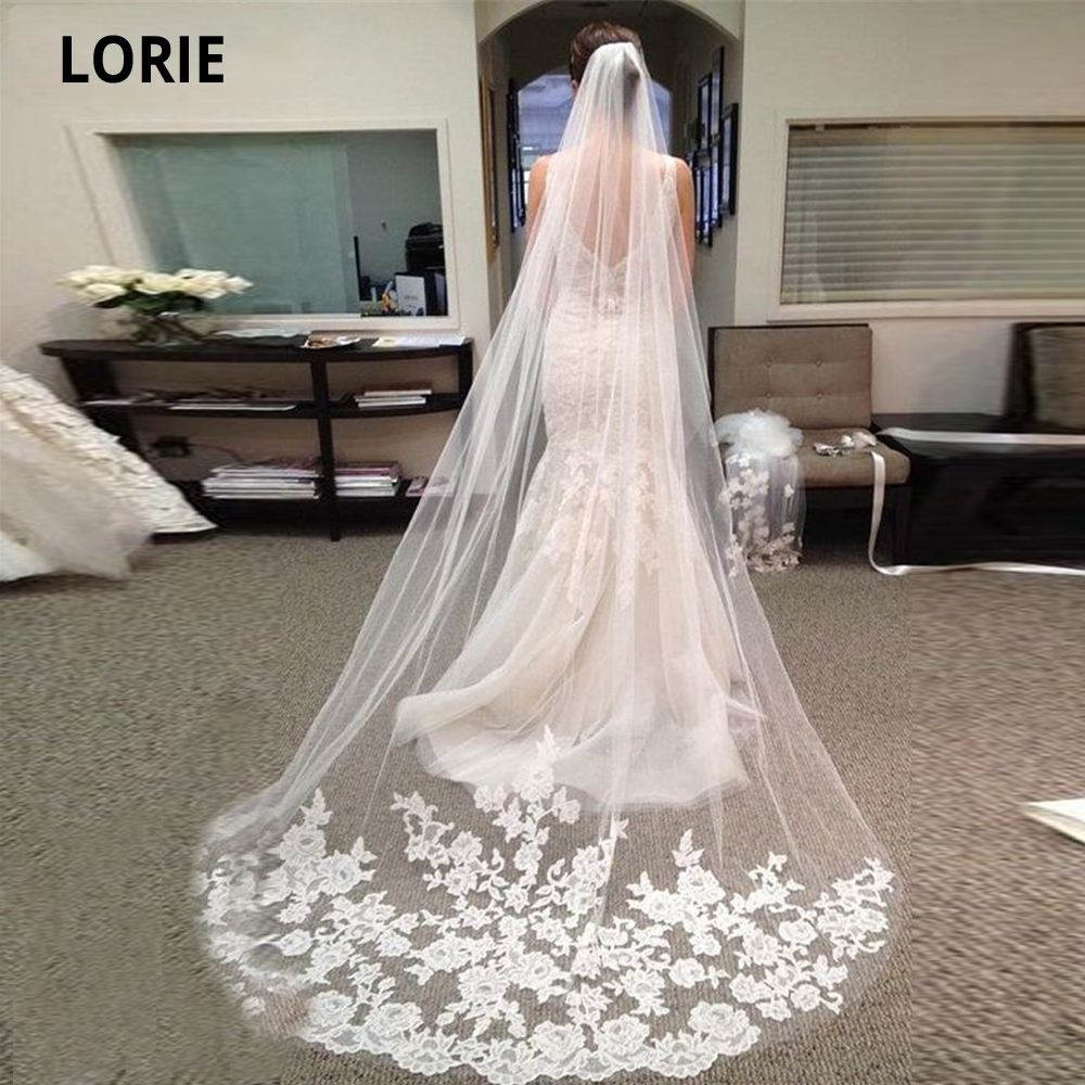 LORIE-voile de mariée avec peigne, 3M de Long, ivoire blanc, appliqué en dentelle, bord de Tulle, une couche, accessoires de mariage
