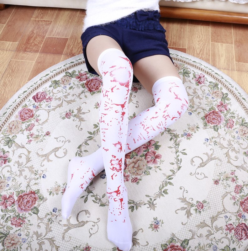 Chaussettes respirantes amusantes pour femmes, Cosplay Halloween, créativité japonaise, bas d&#39;infirmière des os, sang au dessus du genou, en Nylon et velours, Sukka