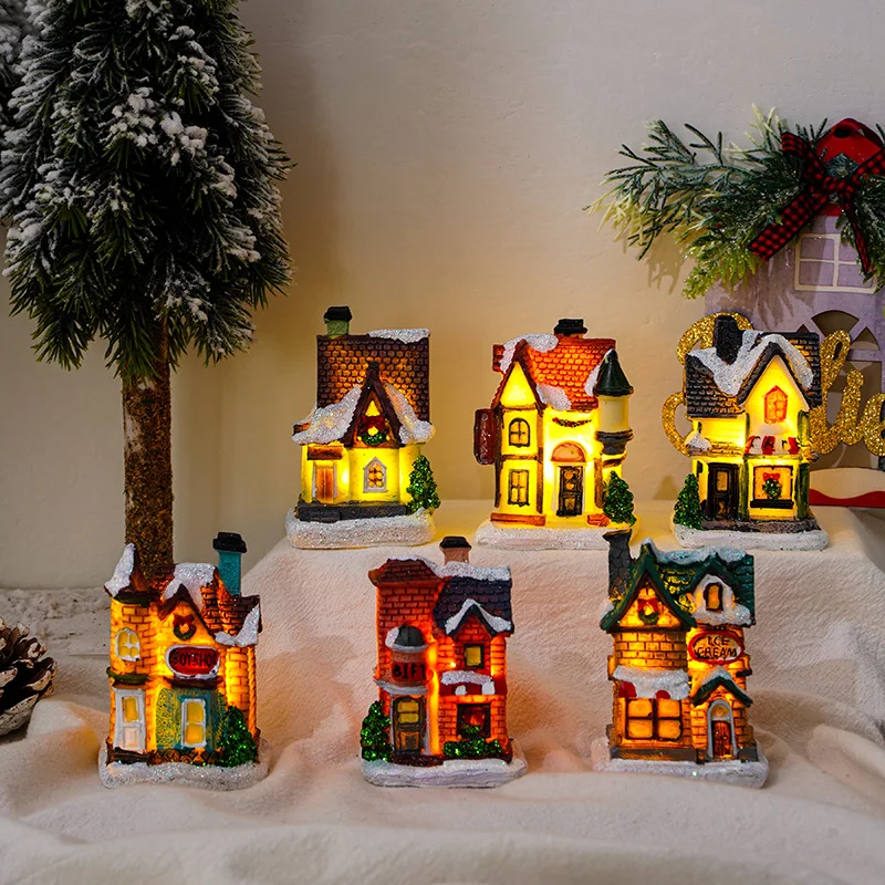 Christmas Decorations Resin Christmas Small House Micro-landscape Light Snow House Display A Christmas