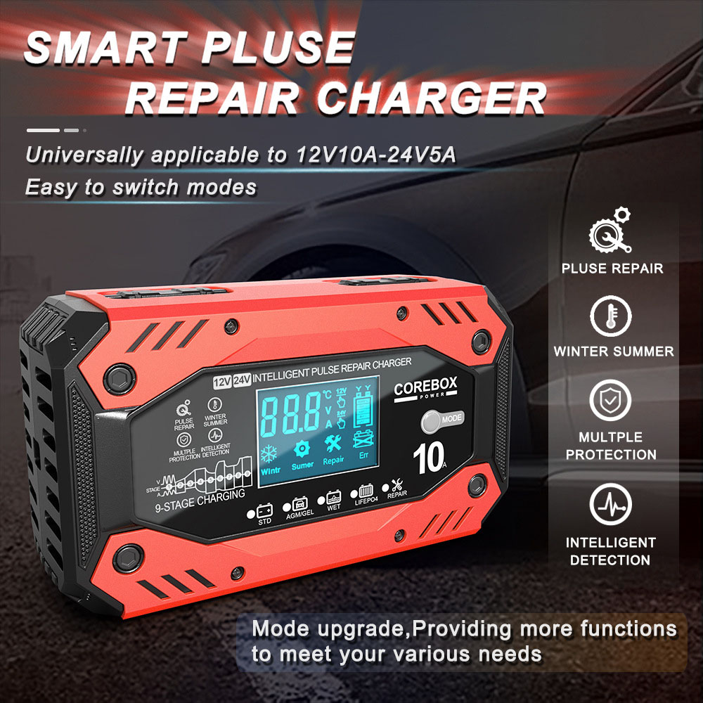 AGM chargeur de batterie automobile 12V 10A dispositifs de charge de batterie de voiture et de moto entretien Intelligent de la batterie au plomb
