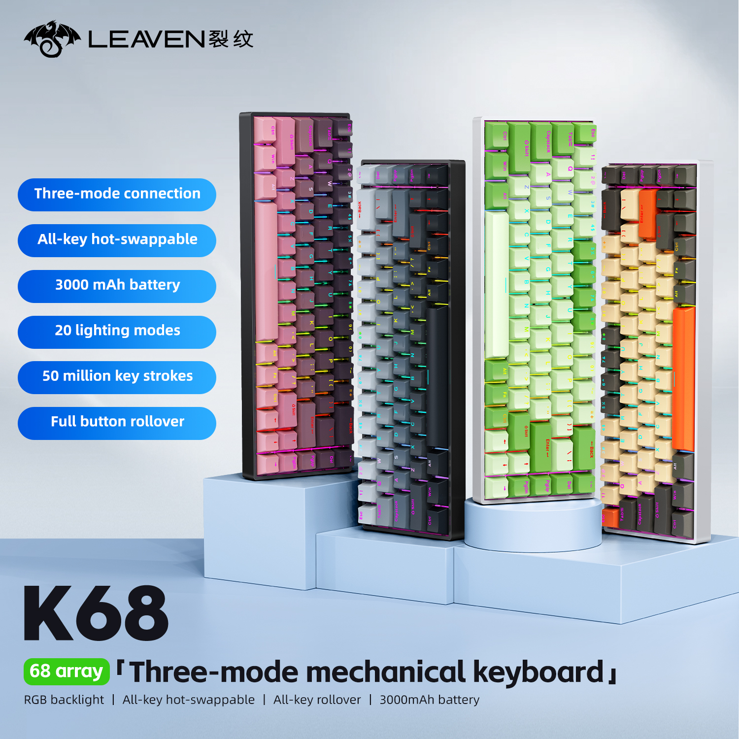 K68 68-toetsen draadloos mechanisch toetsenbord Tri-mode-verbinding, Full Key Swap, RGB-lichteffecten, pakkingdemperstructuur, L