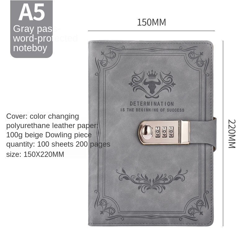 200 pages A5 retro password book with lock diary thickened hand ledger student notepad stationery notebook binder: E