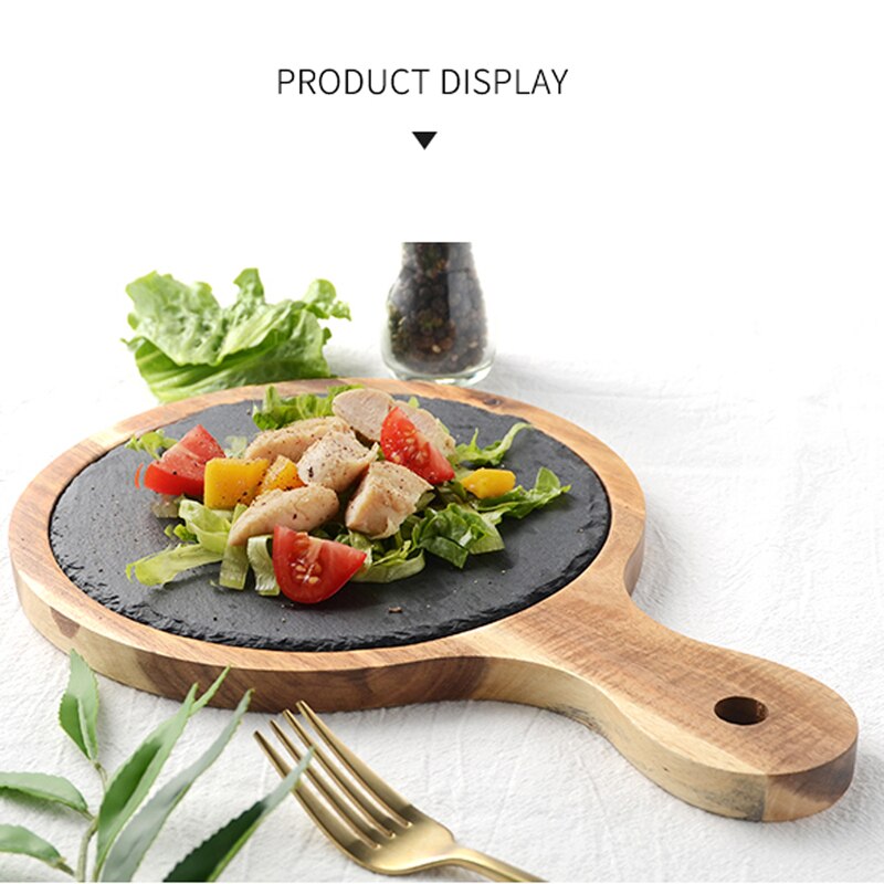 Bandeja de madera maciza americana para pizza, bandeja de madera, plato de pizarra negra, tabla de pan de madera de acacia, comida occidental, cocina japonesa, juego pla