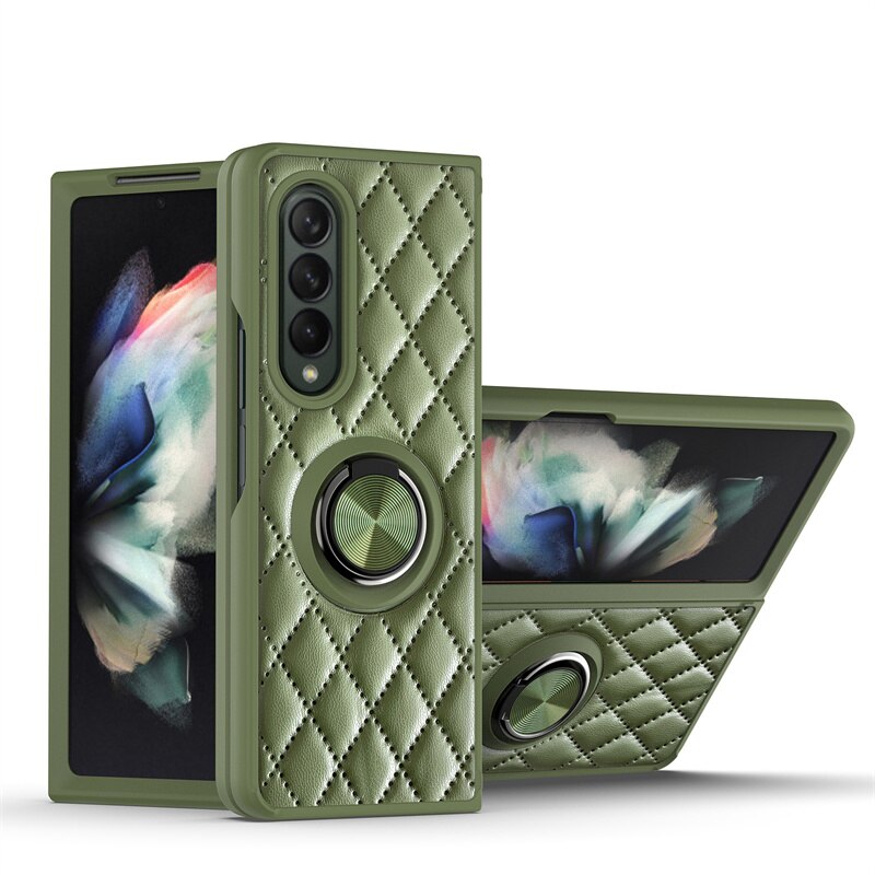 Diamant Telefoon Geval Voor Samsung Galaxy Z Vouw 3 5G Embossing Lederen Ring Met Houder Shockproof Back Cover Voor galaxy Z Vouw 3: Army Green