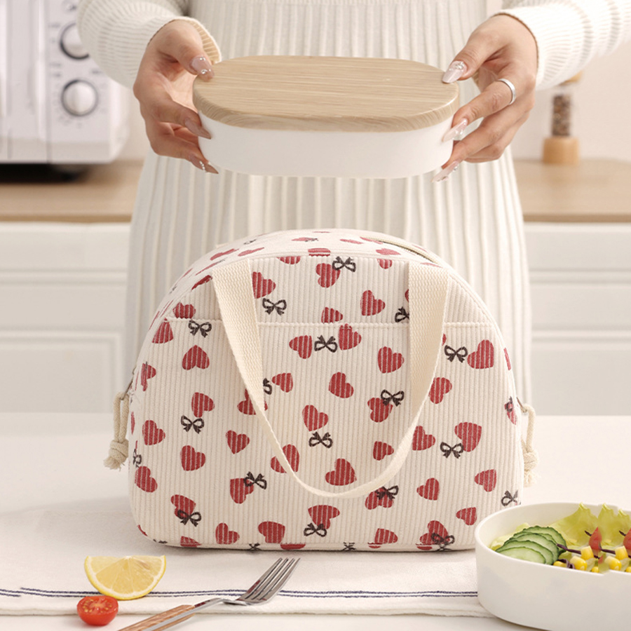 Portable Corduroy Lunch Bags Thermal Insulation Lunch Box Cute Print Women Lunch Storage Bag Picnic Bento Large Capacity Handbag