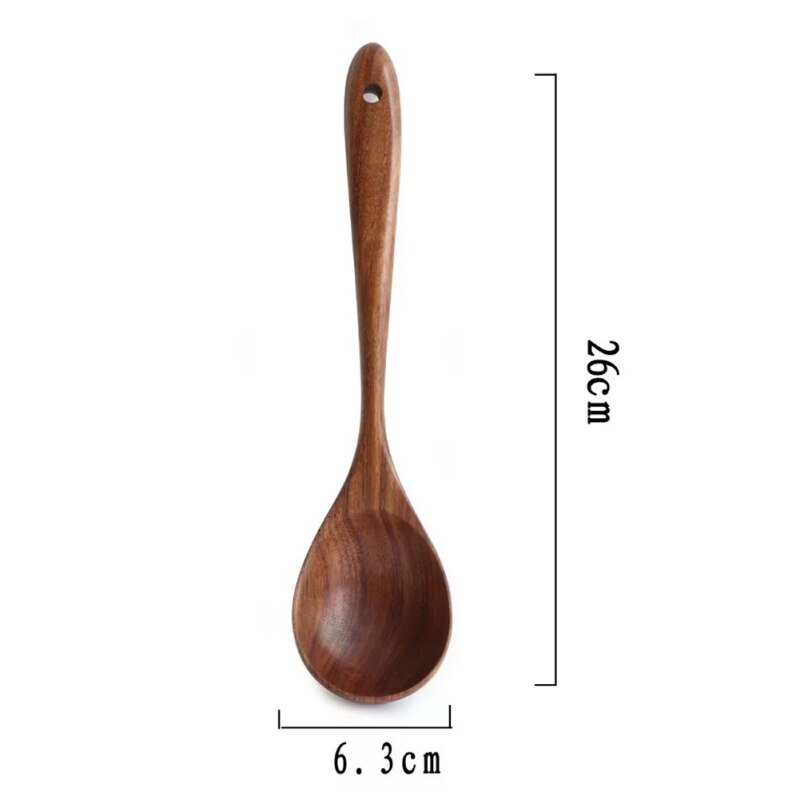 Utensilios de cocina de madera de Acacia sin pintar para el hogar, con asas largas, utensilios de cocina de madera maciza únicos, cucharas de sopa para restaurante: E