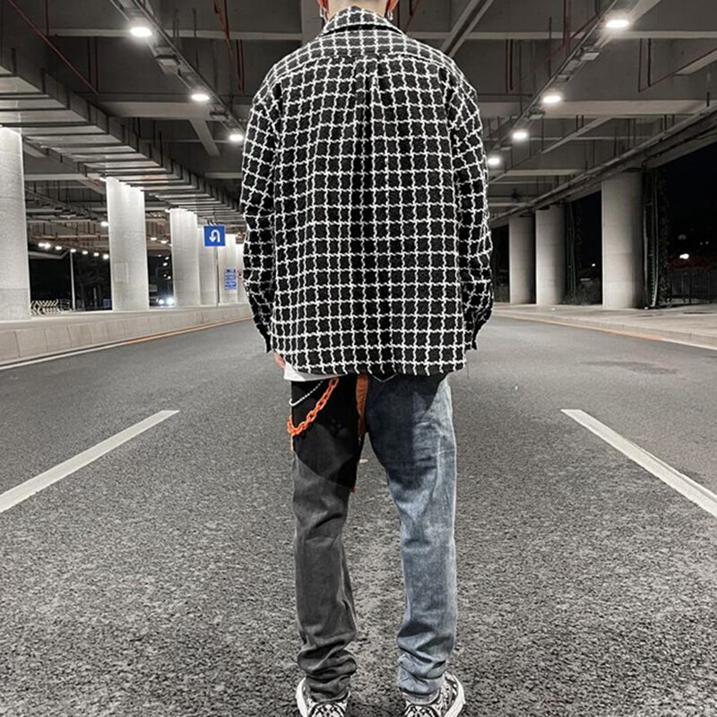Camisa a cuadros de flor de anacardo para hombre, camisas de vestir de bloque de Color, ropa de calle japonesa Harajuku, solapa