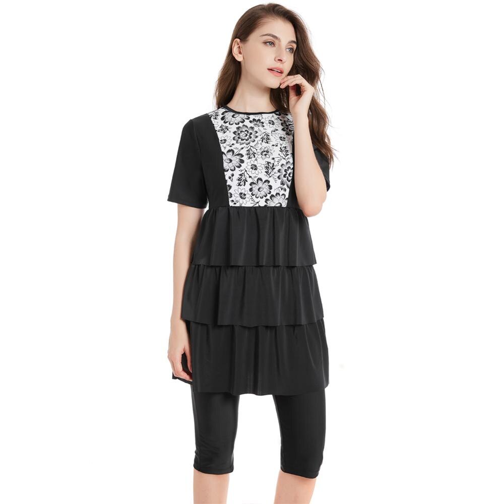Women's Muslim Modest Swimwear Set - Short Sleeve Tunic Top & Skirt - Printed Two-Piece