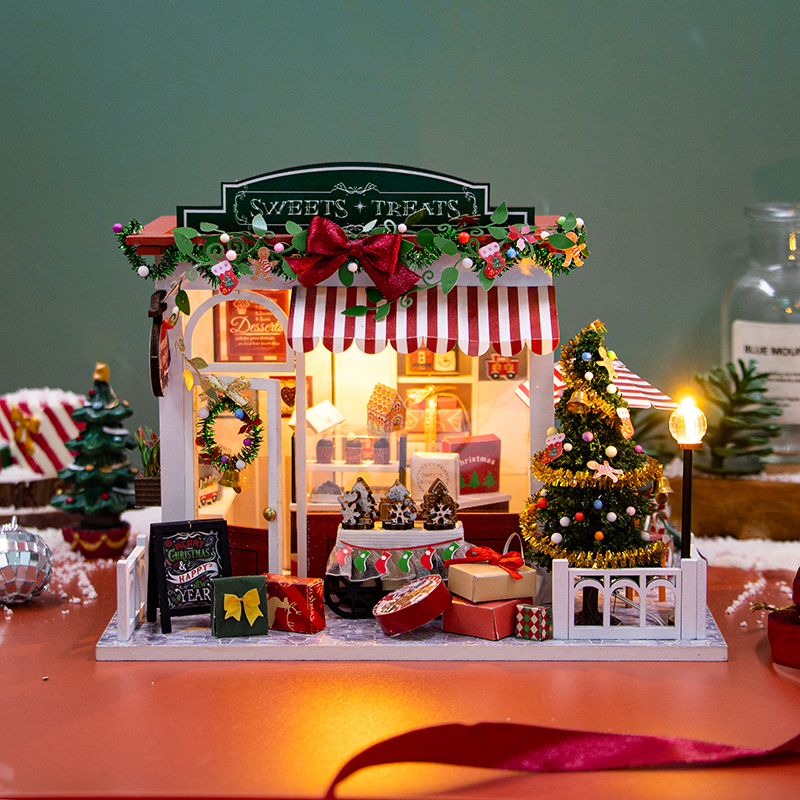 Diy Houten Poppenhuizen Kerst Dessert Winkel Casa Miniatuur Model Kit Villa Poppenhuis Met Meubels Led Licht Voor Vrienden Cadeau