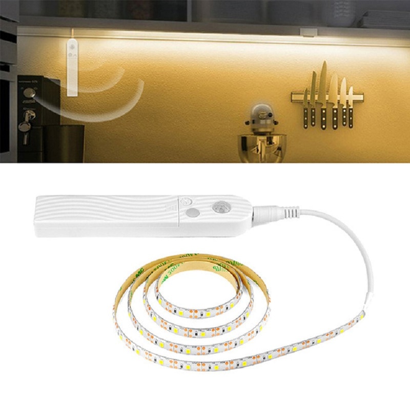 5v bevegelsessensor smart lampe automatisk på/av led stripe 1m 2m 3m led tape nattbord trapper garderobe natt sikkerhetslampe batteristrøm