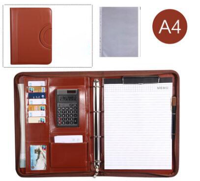 Business Zipper Portfolio, PU Leather Padfolio Folder with Handle .: brown has calculator