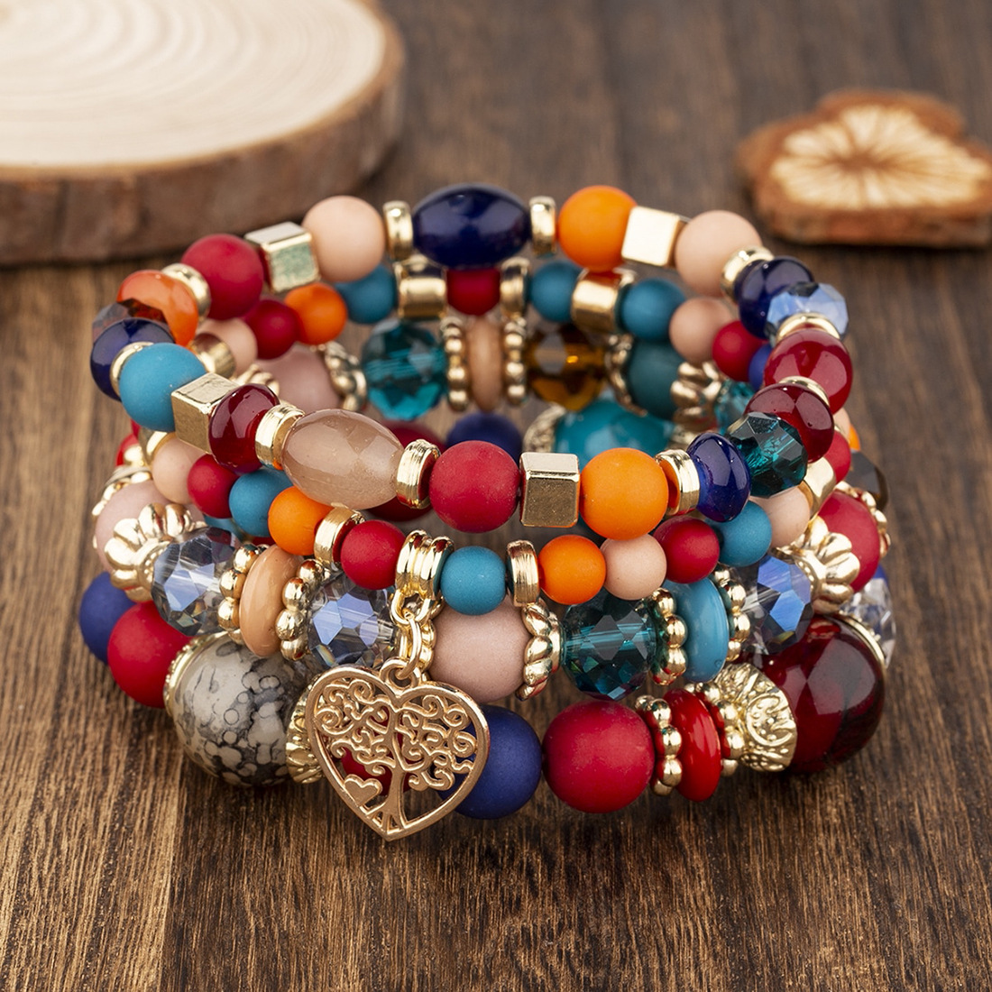 Conjunto de pulsera de corazón de árbol de la vida para mujer, cadena de cuentas de cristal acrílico, brazalete elástico, joyería de de femenina, 4 Uds.: Verde oscuro