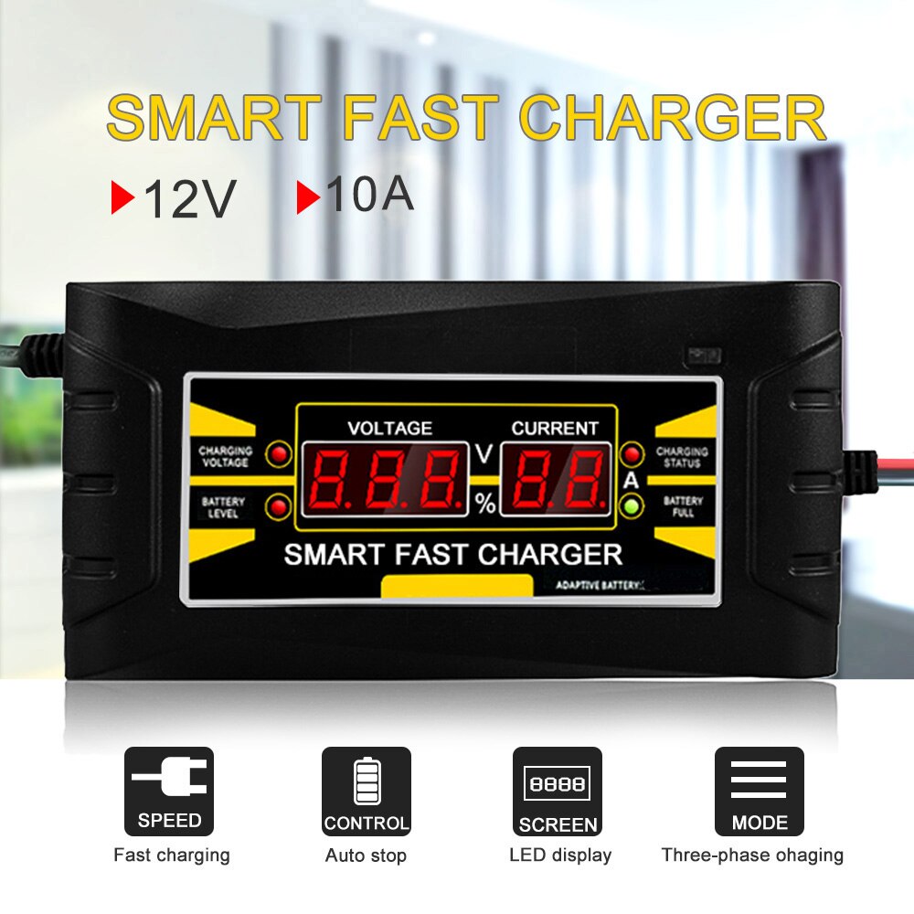 Volledige Automatische Smart Auto Batterij Charger12V 10A Lood-zuur/GEL Accu Lader LCD Display EU/US Plug Smart fast Battery Charger