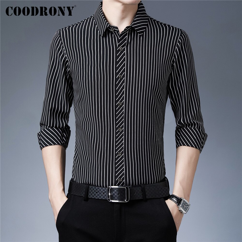 COODRONY-ropa de calle a rayas para hombre, camisa de manga larga ajustada, informal, de negocios, a la , novedad, primavera y otoño, C6216