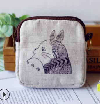 M022 Cartoon Lovely Fox Cat Printed Canvas Zipper Bag Geometric Square Multi-function Zero Wallet Women Student: 5