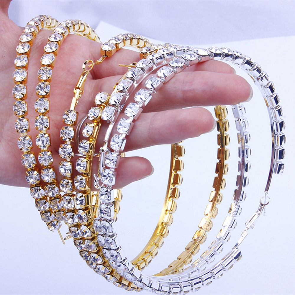 Stenfans strålende farvede krystal store bøjleøreringe smykker populære rhinestone perler cirkeløreringe kvindelige runde tilbehør