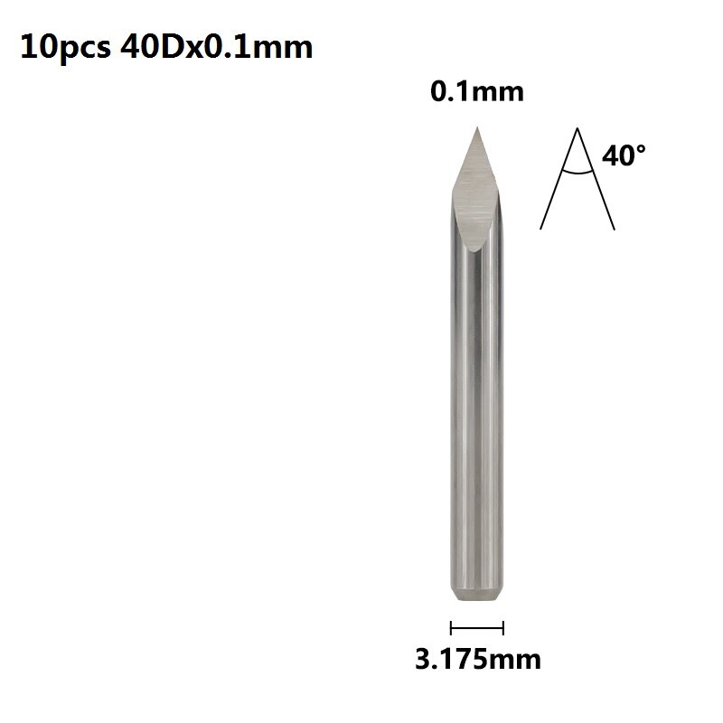 Xcan 3 Rand Piramide Graveren Bits 10 Stuks 20/30/40/45/60/90 Graden Tip 0.1-0.3Mm 3.175Mm Shank Cnc 3D Frees: 10pcs 40Dx0.1mm