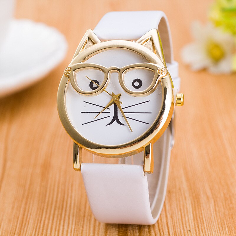 Hello kitty tegneserie sød kat bære briller børn se børn leopard ur fødselsdag studerende dreng pige farverigt ur: Hvid
