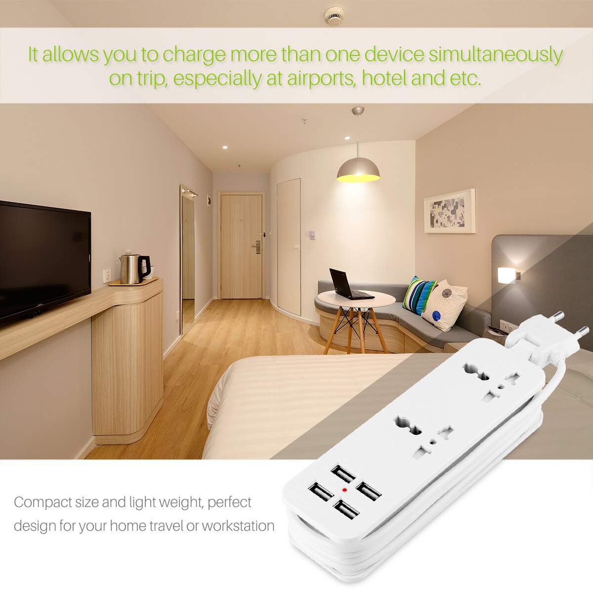 Power Strip EU Plug - 2 AC Outlets + 4 USB Ports - 1.5m Cable - Surge Protector - Smart Charger Hub