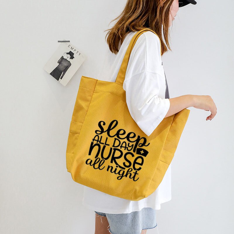 Slaap Alle Dag Verpleegkundige Alle Night Nurse Schoudertas Grote Capaciteit Dames Tote Bag Canvas Tas Vrouwen Boodschappentas