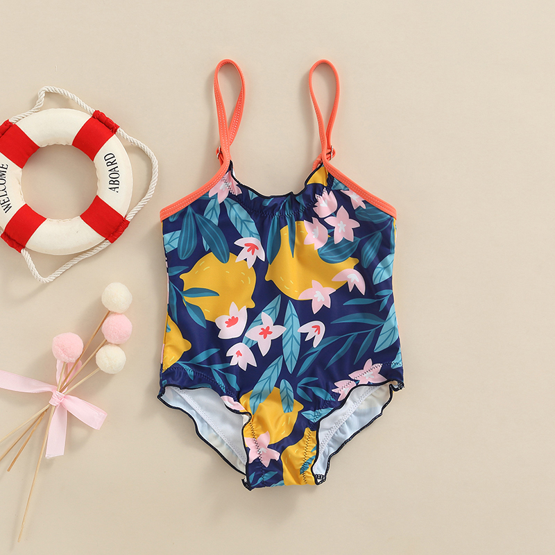 Yiiciovy freundlicher Nette Blumen- drucken Badeanzug Blume Zitrone Druck U-Nacken Spaghetti Gurt Bademode für Mädchen 2-6 jahre Sommer Beachwear