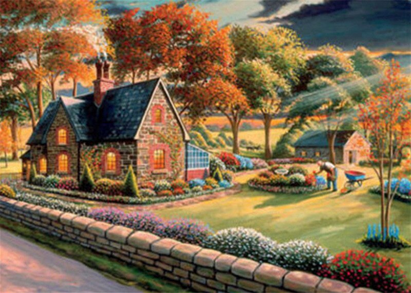 5D Diamant Schilderij Tuin Hut Diamant Geborduurde Bloemen Volledige Boor Kruissteek Alle Geplaatst Forest Lake Landschap: 2625