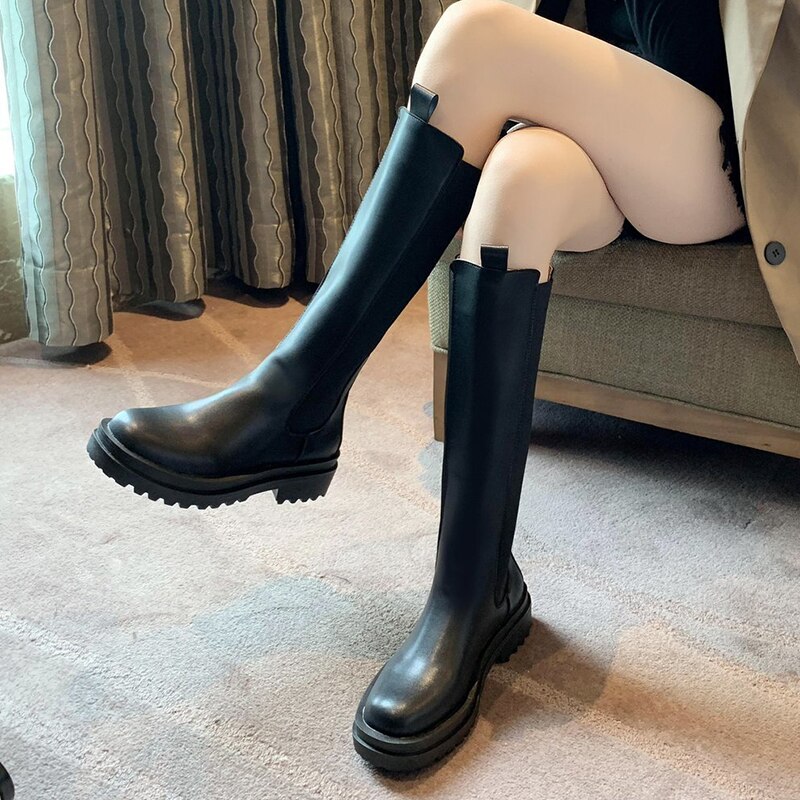 Rimocy Pu Leather Platform Knie Hoge Laarzen Vrouwen Zwart Chunky Lange Chelsea Laarzen Vrouw Slip Op Herfst Bota Feminina