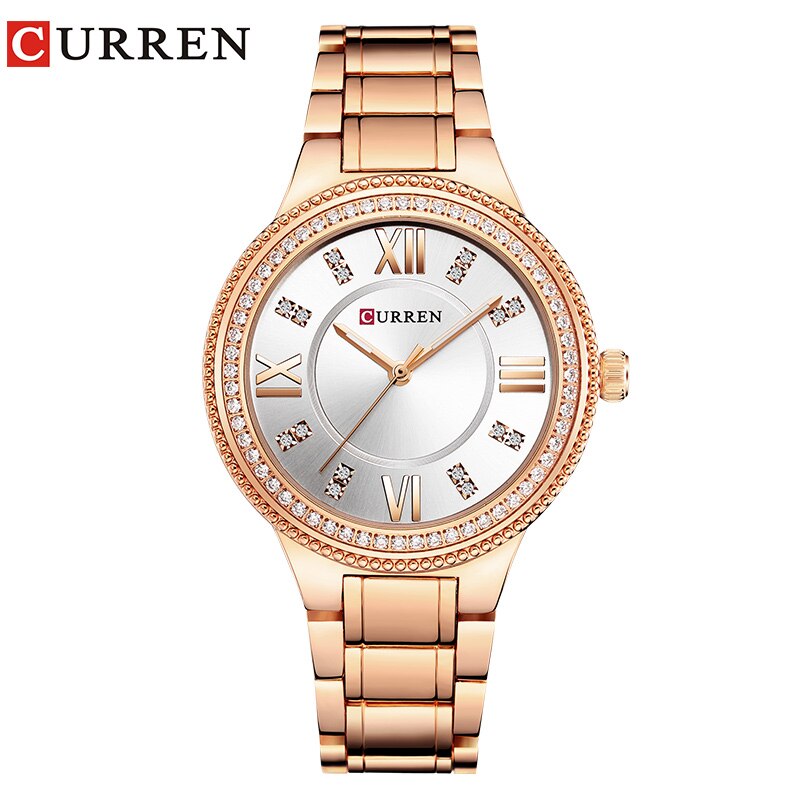 CURREN Luxe vrouwen Casual Horloges Waterdicht Horloge Vrouwen Mode Jurk Rhinestone Rvs Dames Klok: rose white