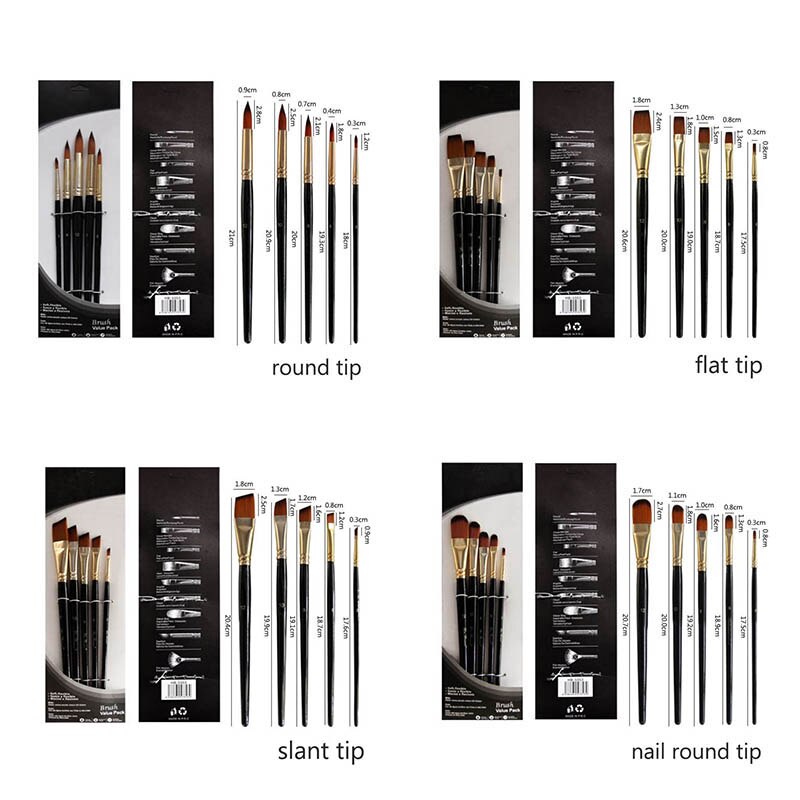 Artist Paint Brush Set 5Pcs Nylon Hair Wood Black Handle Watercolor Acrylic Oil Brush Painting Art Supplies