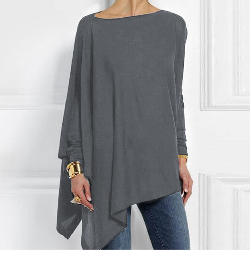 Tops y Blusas de algodón irregulares para mujer, Blusa informal de manga larga con cuello redondo, Túnica femenina, Blusas femeninas de primavera 2023: L / Gris