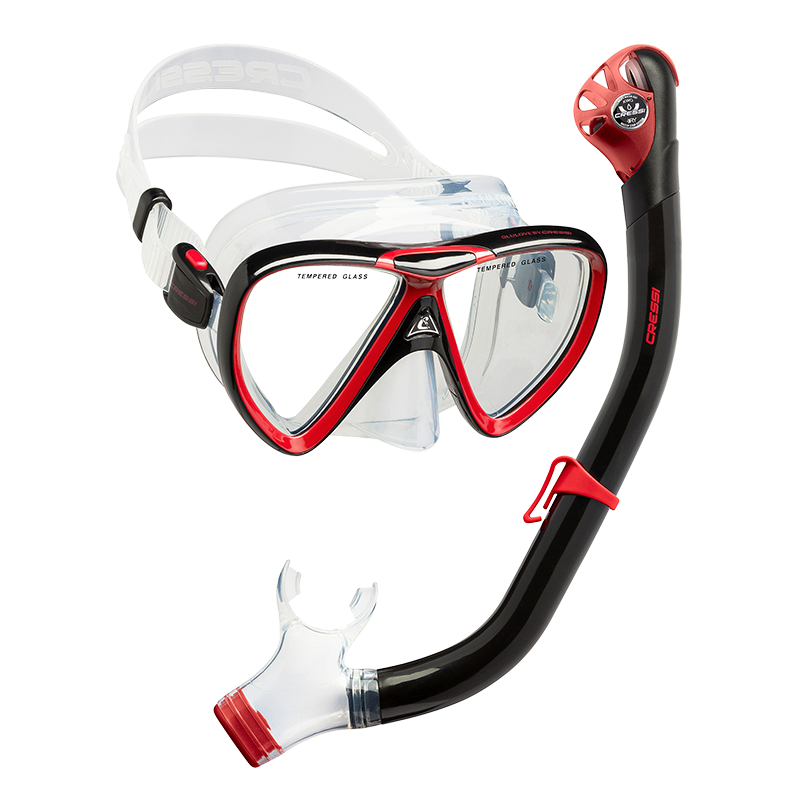 Cressi IKARUS-máscara de buceo, conjunto de esnórquel, máscara de silicona de secado superior, Combo de lentes de vidrio templado para adultos: BLACK RED