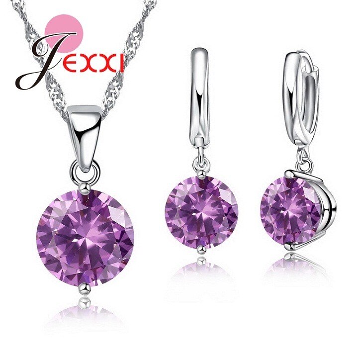 Conjunto de joyas para mujer, Plata de Ley 925 auténtica, cristales redondos, CZ, colgante, collar, pendientes, novedad: pink