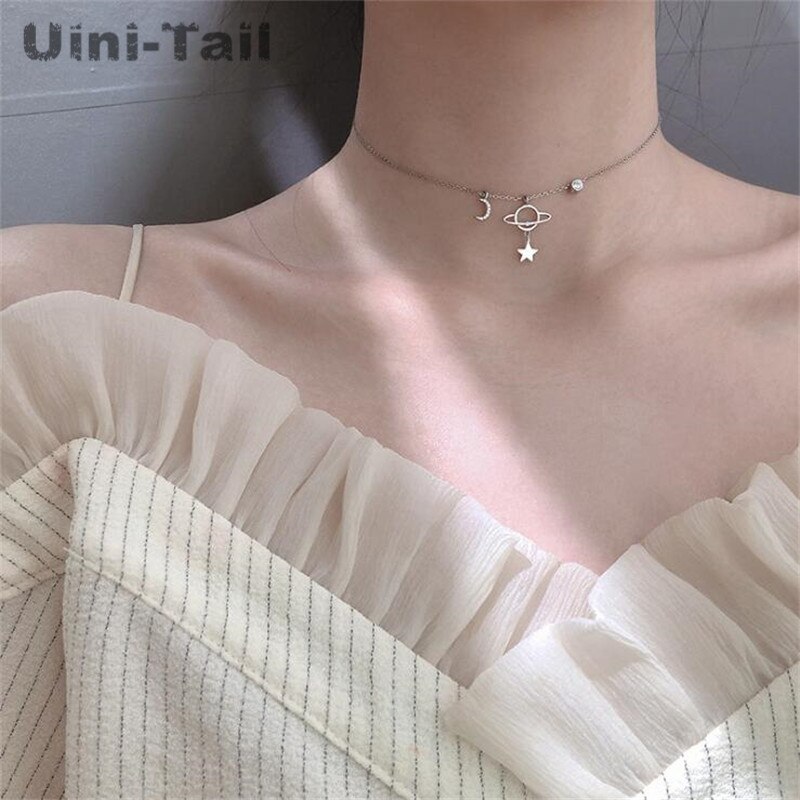 Uini-ogon gorący Nowy 925 szterling srebro planeta księżyc mikro-inkrustowane naszyjnik osobowość proste podkreślające temperament słodka dziewczyna biżuteria ED578