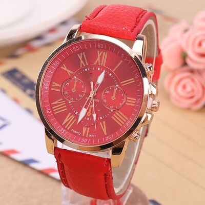 1PC Quartz Watch Leather Band Women Ladies Men Bracelet Wrist Watch Wristwatches Clock relogio feminino masculino: Red