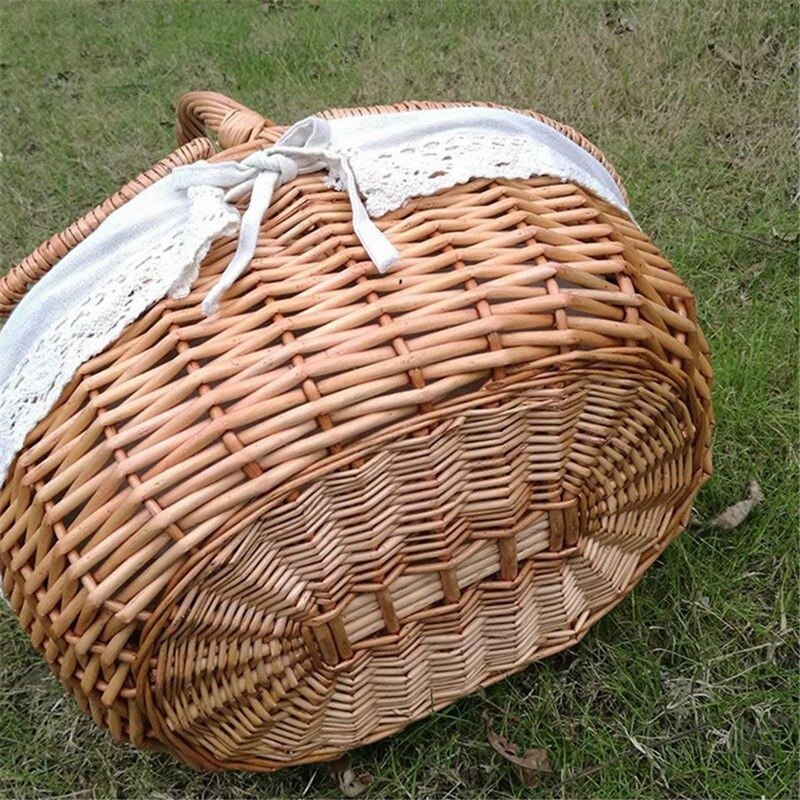 Newest Handmade Wicker Basket with Handle, Wicker Camping Picnic Basket with Double Lids, Shopping Storage Hamper Basket with Cl