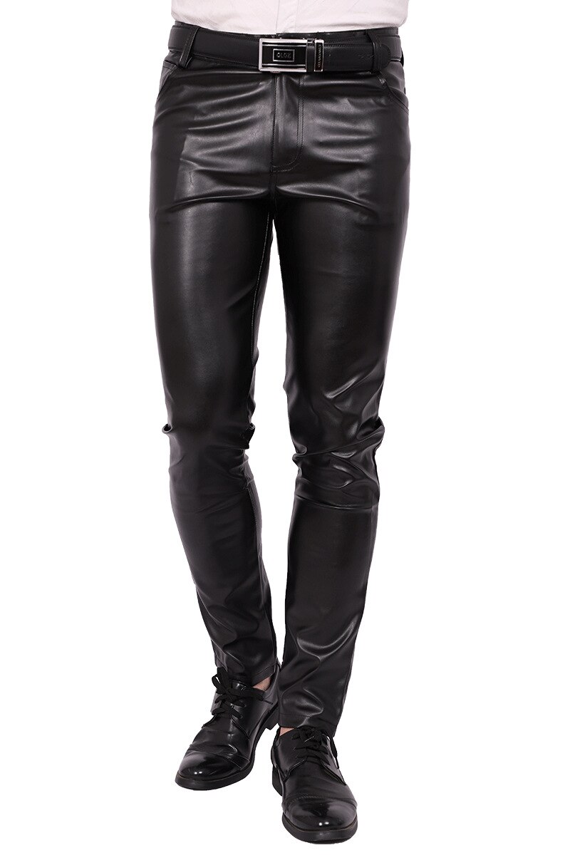 Men's Slim Fit Skinny Pants Tight Stretch Leather Pants Teen Trend Motorcycle PU Leather Pants