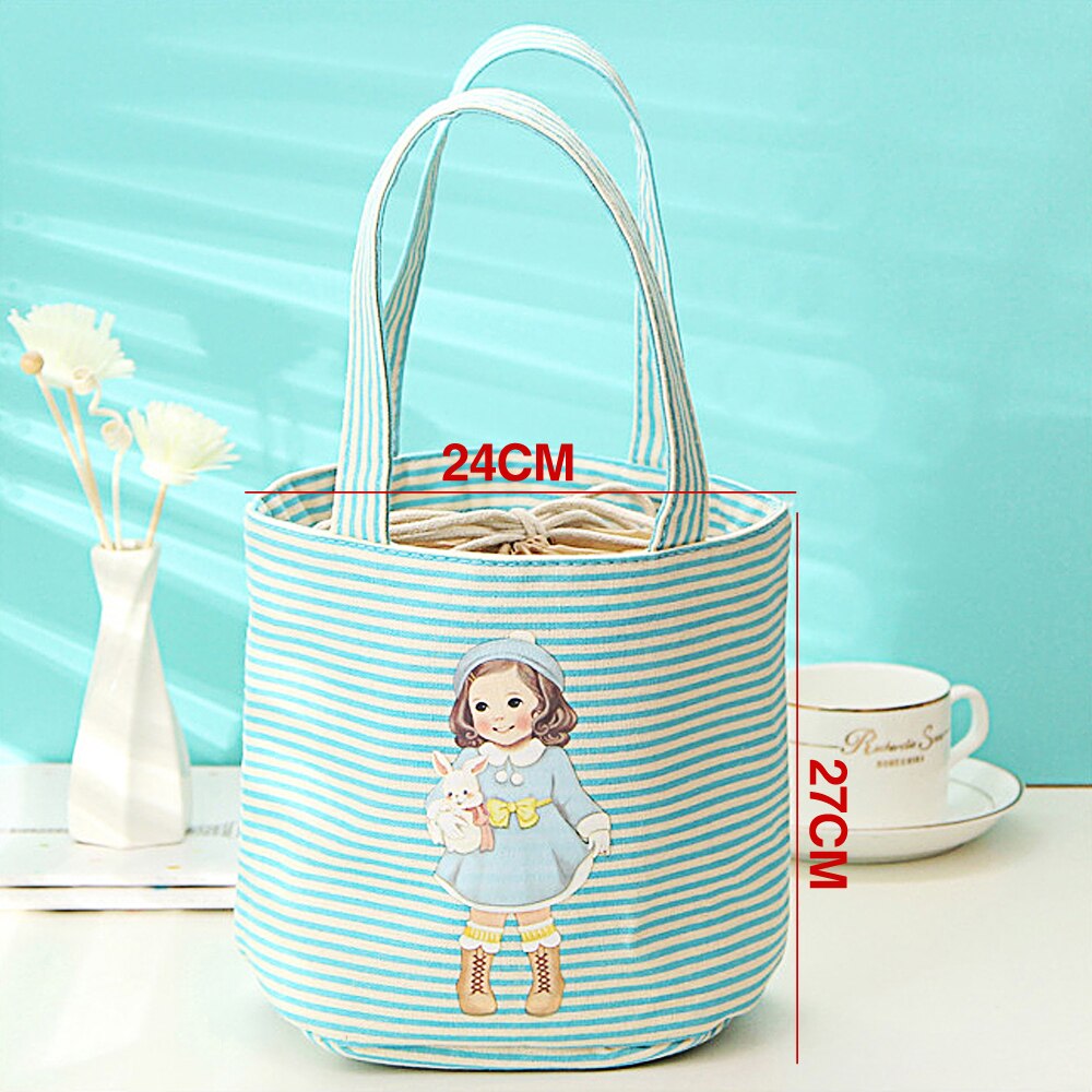 Cute Girl Cylindrical Lunch Bag Students Round Lunch Box Bag Waterproof Insulation Circular Drawstring Food Thermal Cooler Tote