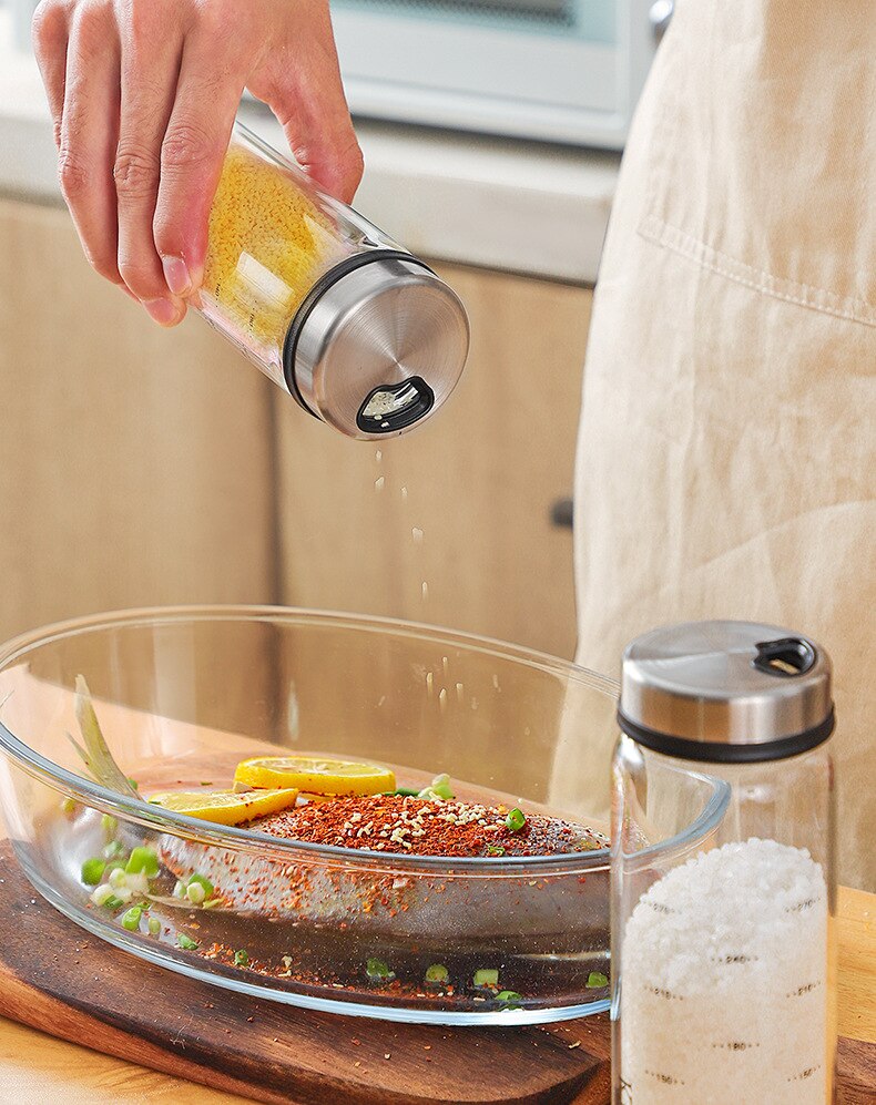 High borosilicate kitchen glass seasoning jar sauce vinegar salt condiment airtight bottle pepper spice shaker with rotating lid