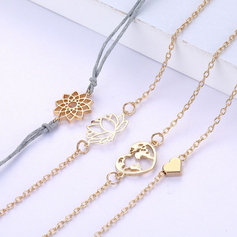 Persoonlijkheid Lotus Liefde Wereldkaart Armbanden Voor Vrouwen Bloem Patroon Kralen Armband Femme 5 Stks/set Charme Gouden Sieraden