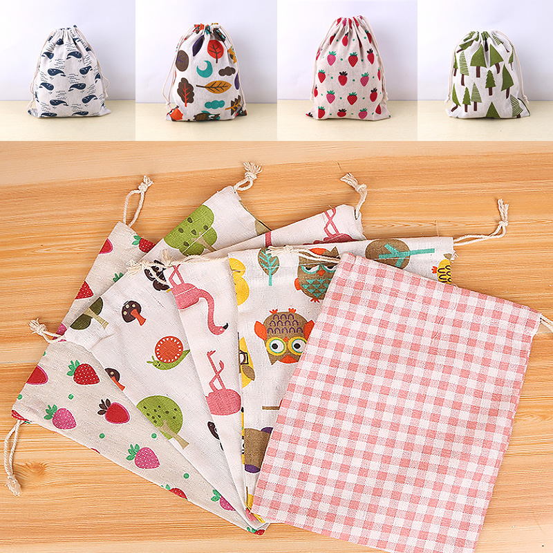 Bolsa de tela de lino y algodón con cordón para niños, bolsa de almacenamiento de zapatos de tela de viaje con estampado de plantas y animales, estuche de maquillaje, de Navidad