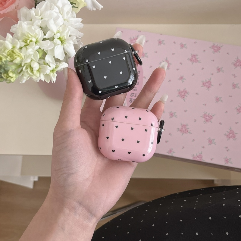 IMD Anti-fall Earphone Case with Pendant For Apple AirPods 1/2, Pro,Pro 2, AirPods 3, Airpods 4 ,Black-Pink Heart Pattern,