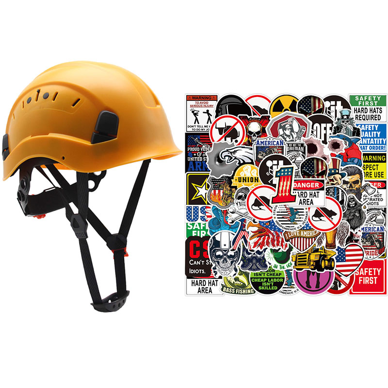 Safety Helmet with 50Pcs Stickers ABS Construction Hard Hat Goggles Climbing Riding Protective Helmets Working Rescue Work Cap: Yellow
